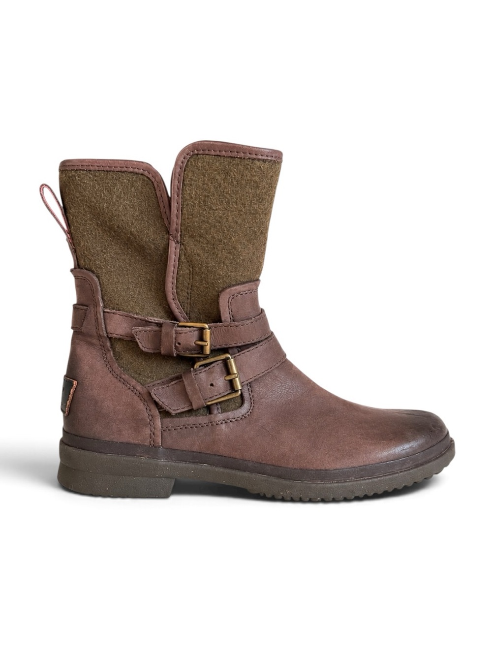 UGG Simmons Waterproof Moto Boots Brown Leather Olive Wool Buckle Zip Size 8